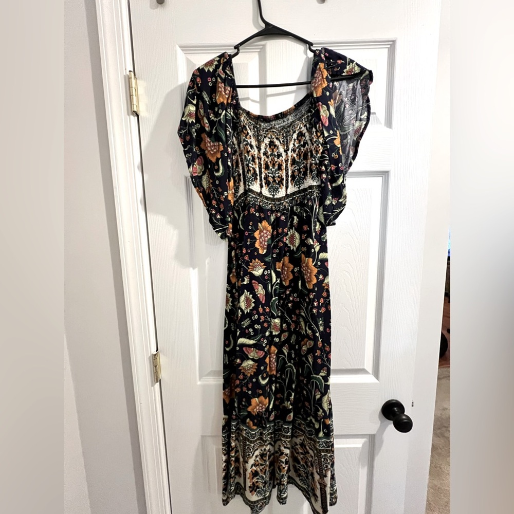 Women's Maxi Floral Dress Ruffle Short Sleeve Smocked A Line Boho Dress